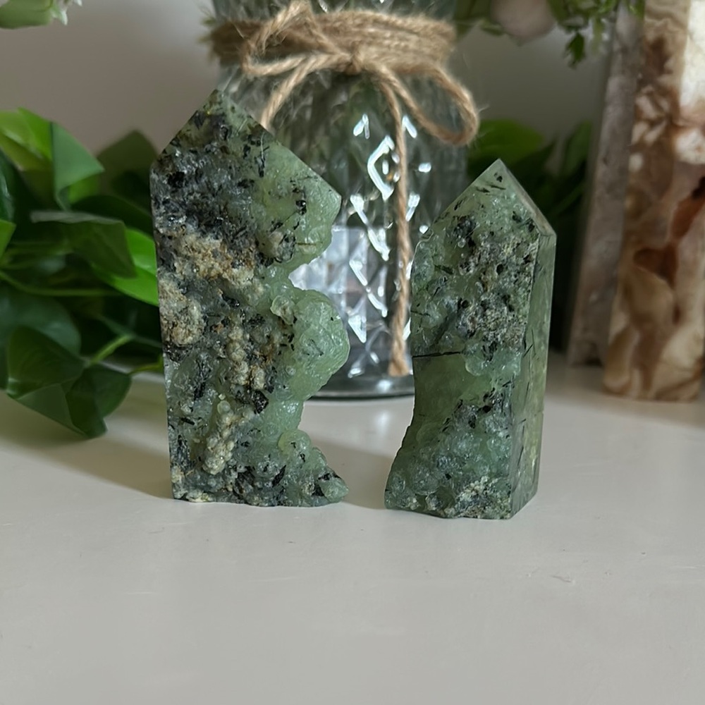 Two Raw Prehnite Towers